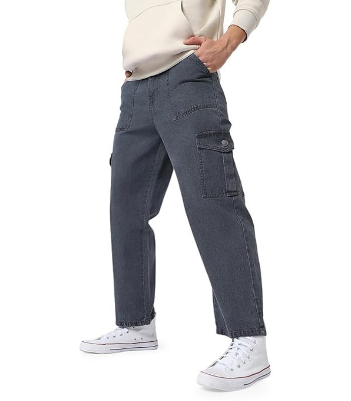 Jeans (40) Fashion Men's Loose Mid Rise Baggy Fit Cargo Jeans with 6 Pockets Non-Stretchable - Image 1