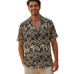 Glowic Men's Premium Cotton Blend Printed Cuban Collar Shirt | Stylish Elephant Motif Half Sleeve Beach Wear Casual Button Down Hawaiian Shirt for Men