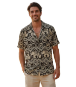 Glowic Men's Premium Cotton Blend Printed Cuban Collar Shirt | Stylish Elephant Motif Half Sleeve Beach Wear Casual Button Down Hawaiian Shirt for Men
