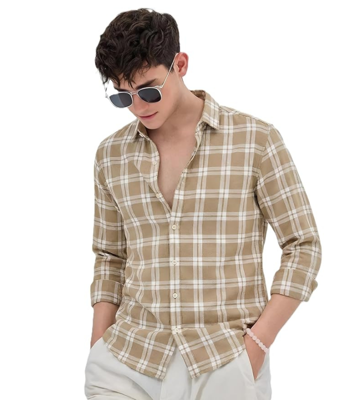Jeans (80) U TURN Men's Casual Plaid Button-Down Shirt, Khaki and White Checkerd Shirt Latest Stylish - Image 1