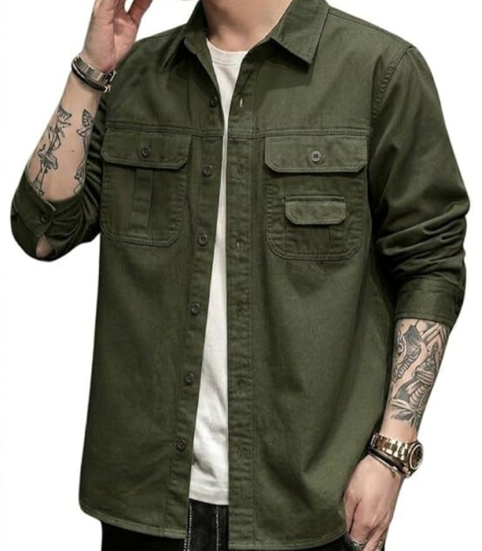 Jeans (89) Men’s Casual Shirt Jacket for Men | Lightweight 100% Cotton Overshirt | Full Sleeve Utility Shacket with Pockets | Stylish for Everyday Wear | Full Sleeve Button Down Shirt - Image 1