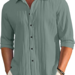 FINIVO FASHION Men's Casual Cotton Plain Button Down Shirt Long Sleeve Textured Summer Beach Shirt for Men