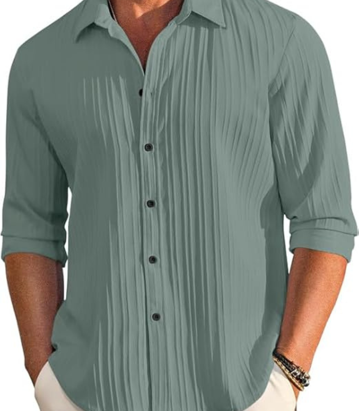 Jeans (97) FINIVO FASHION Men's Casual Cotton Plain Button Down Shirt Long Sleeve Textured Summer Beach Shirt for Men - Image 1