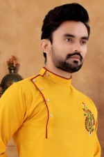 Mustard Cotton Blend Regular Fit Men's Kurta Pyjama Set ( Pack of 1 ) - Image 2