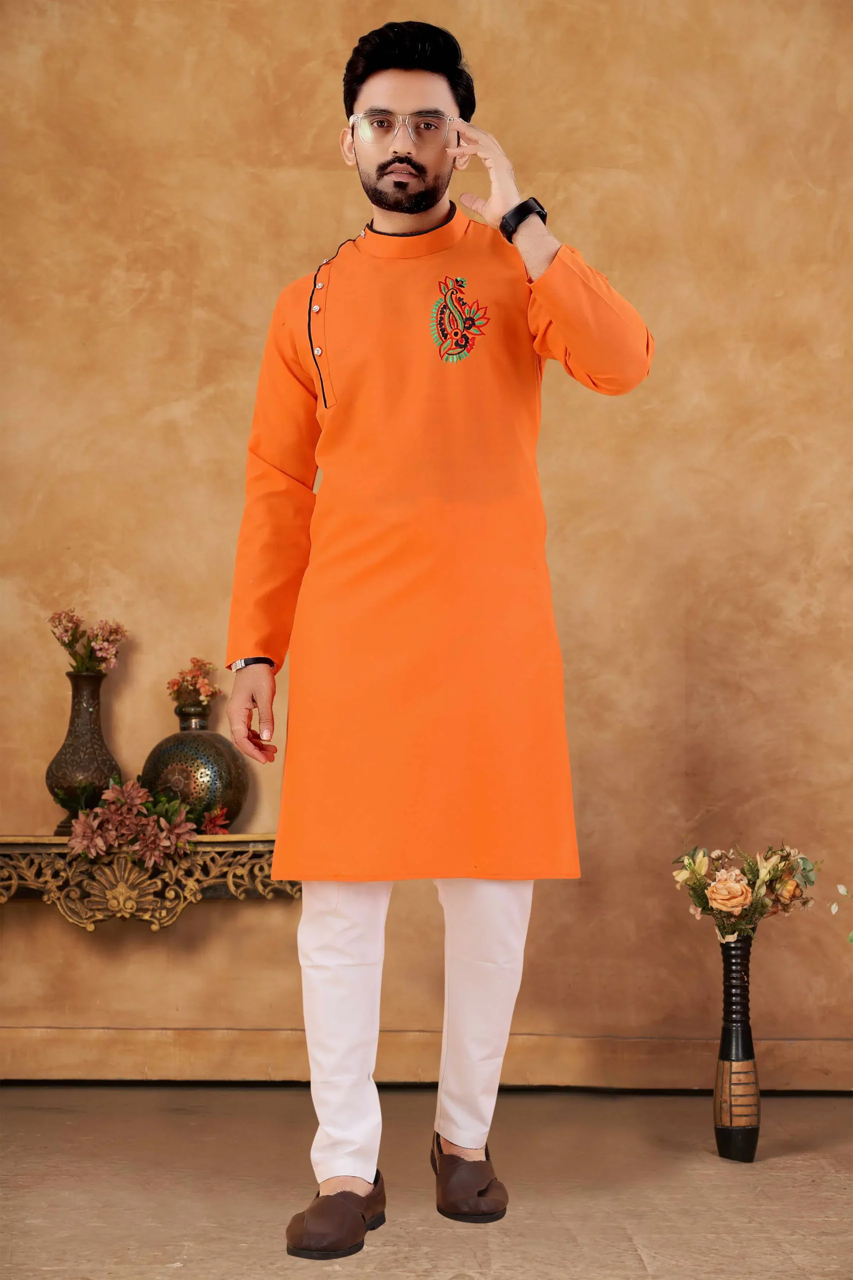 KUNJ-CRAETION-Orange-Cotton-Blend-SDL234996417-1-fa27e-scaled-1.webp Orange Cotton Blend Regular Fit Men's Kurta Pyjama Set ( Pack of 1 ) - Image 1