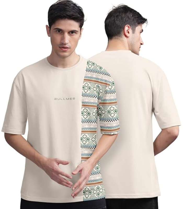Mans Tshirt (17) Beige Front and Back Printed/Colourblock Baggy/Oversized Tshirt - Image 1