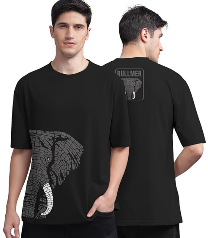 Mans Tshirt (19) BULLMER Beige Front and Back Printed/Colourblock Baggy/Oversized Tshirt for Men - Image 1