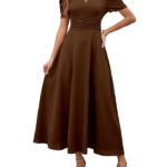 Women's Solid Color V-Neck A-Line Maxi Dress for Women | New Year Party Outfit | Waist Cinched Puff Sleeve Western | Elegant Casual Wear (Dress 246)