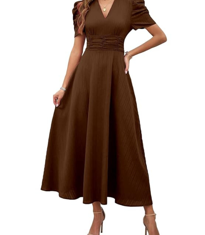 Mans Tshirt (41) Women's Solid Color V-Neck A-Line Maxi Dress for Women | New Year Party Outfit | Waist Cinched Puff Sleeve Western | Elegant Casual Wear (Dress 246) - Image 1