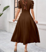 Women's Solid Color V-Neck A-Line Maxi Dress for Women | New Year Party Outfit | Waist Cinched Puff Sleeve Western | Elegant Casual Wear (Dress 246) - Image 2