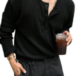 Trillion Men's Textured Fabric Solid Color Basic Half-Open Collar T-Shirt, Fall Long Sleeve Men Shirt | Tshirt for Men