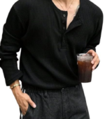 Trillion Men's Textured Fabric Solid Color Basic Half-Open Collar T-Shirt, Fall Long Sleeve Men Shirt | Tshirt for Men